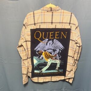 Repurposed Queen Blue and Gray flannel Plaid Shirt. Men’s size Large